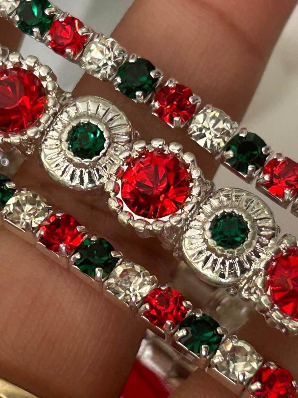 3 in 1 Silver-Tone Holiday Crystal Bracelet Trio with Red, Green & Clear Stones